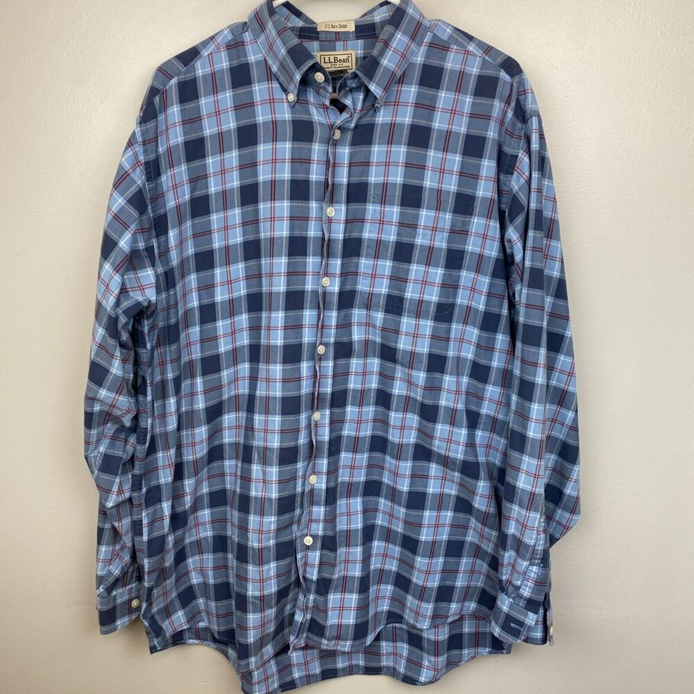 Ll bean shirt Mens LT blue button US navy tartan plaid‎